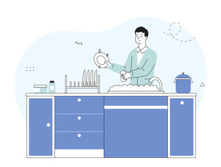 Man washing dishes. Young guy in kitchen wipes dishes. Cleanliness and hygiene at home. Housework, household chores and routine. Linear vector illustration