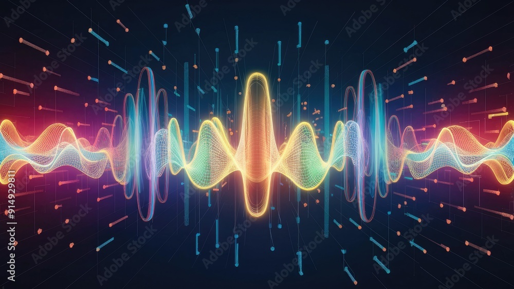 Poster vibrant abstract sound wave visualization technologythemed background with colorful dots sound equal