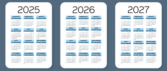 2025, 2026 and 2027 calendar set. Vector pocket calender design. Week starts on Sunday. January, February, March, April, May, June, July, August, September, October, November, December
