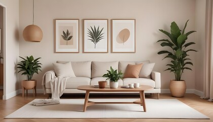 A modern and cozy living room with a beige sofa, a wooden coffee table, a potted plant, and framed artwork on the wall. 