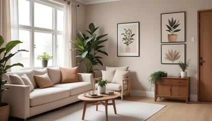 A modern and cozy living room with a beige sofa, a wooden coffee table, a potted plant, and framed artwork on the wall. 