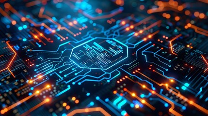 Fototapeta premium A detailed image of a glowing Bitcoin symbol integrated on an electronic circuit board, representing cryptocurrency technology.