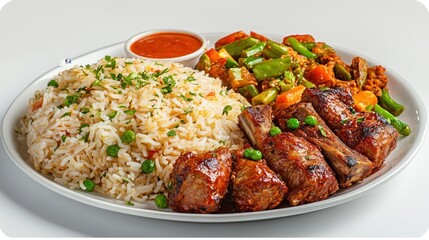 Fototapeta premium a plate of rice with some meat and chili sauce ready to eat