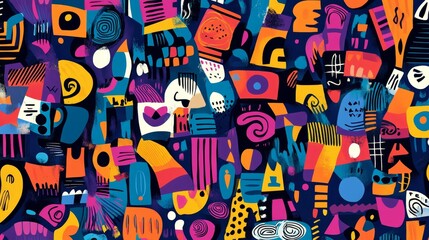 Colorful busy funky pattern with random geometric shapes and bold design illustration