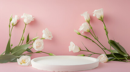 3D rendering cosmetic product display stand with flowers on pink background ,empty showcase for demonstration or presentation of cosmetic products, scene with geometric shapes with place for text