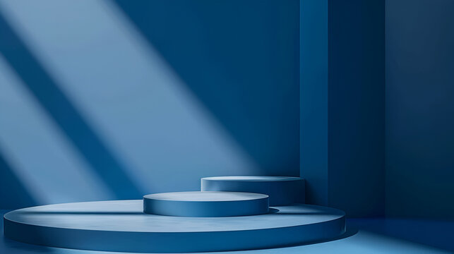 A blue circles backdrop and geometric elements design on blue background ,or place goods,cosmetics,cartoon model,design fashion,food,drink,fruit or technical tools , for showcasing of products