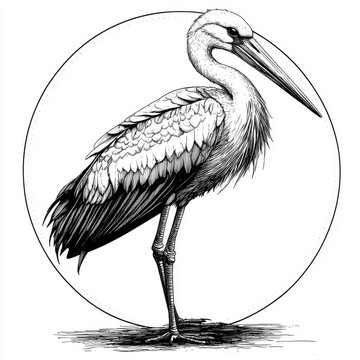 recommend clip art: Black and white Vintage engraved art of a stork in a circular stamp logo style, isolated on white background, ink sketch illustration, simple vector art design, highly detailed line art, 