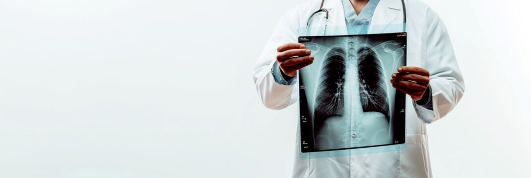 Doctor holding chest x-ray image in his hands, white background. World Radiography Day. Horizontal banner. Copy space. International Day of Radiology. World patient safety day. For a medical clinic