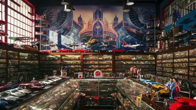 Toy market with full of toys in display case cabinets