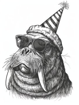 recommend clip art: Black and white Vintage engraved art of a walrus wearing a party hat with sunglasses, portrait isolated on white background, ink sketch illustration, simple vector art design, detailed line art