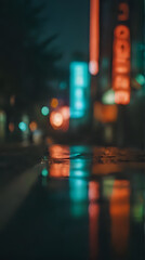 night time view of a city street with a reflection of a traffic light