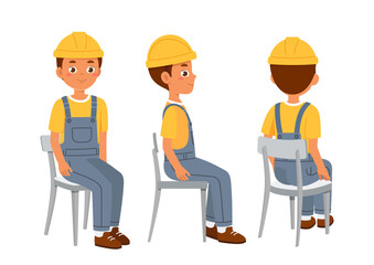Male worker constructor. Man in hardhat sitting on chair. Kit for creating animations. Pack of character in different poses. Construction and architecture. Flat vector collection