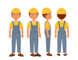 Male worker constructor. Man in protective hardhat. Kit for creating cartoons. Pack of character in different poses. Builder and architect. Flat vector collection
