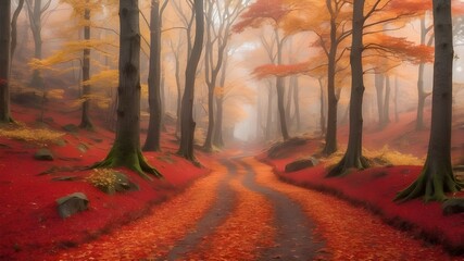 A dense forest in autumn, with vibrant red, orange, and yellow leaves carpeting the ground and a path leading through the trees