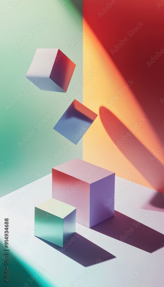 Poster a vibrant composition of floating cubes casting dynamic shadows against a colorful backdrop, showcas