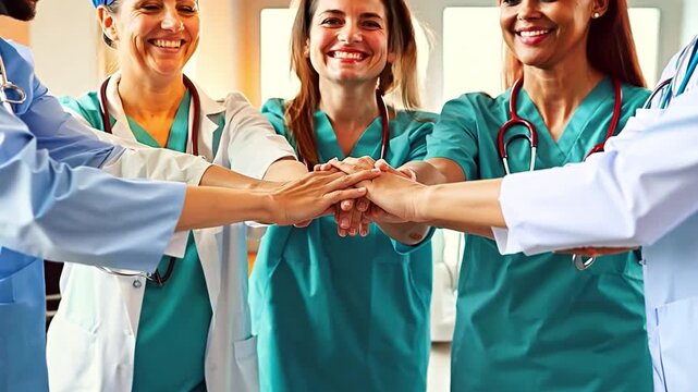 A medical team's doctors and nurses stacking hands