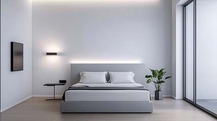 Minimalist bedroom with sleek surfaces and minimal decor, created by a design professional, more clarity with clear light and sharp focus, high detailed