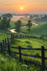Obraz premium Sunrise Serenity: A Tranquil Morning Landscape with Rolling Hills, Dew-Kissed Flowers, and a Winding River Under a Golden Sun