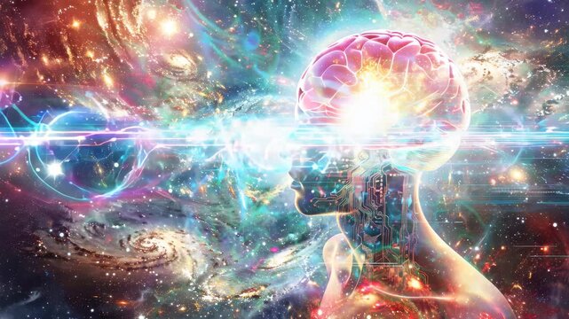 Digital illustration of a human brain surrounded by a colorful cosmic landscape, symbolizing intelligence and the infinite mind.
