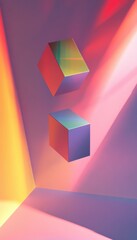 Colorful geometric cubes suspended in vibrant light create a modern and dynamic atmosphere, perfect for creative projects.