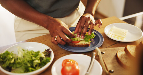 Hands, house and woman with sandwich, kitchen and healthy meal with food, diet plan and ingredients. Bread, apartment and person with nutrition, wellness and lunch with tomatoes, hungry and lettuce