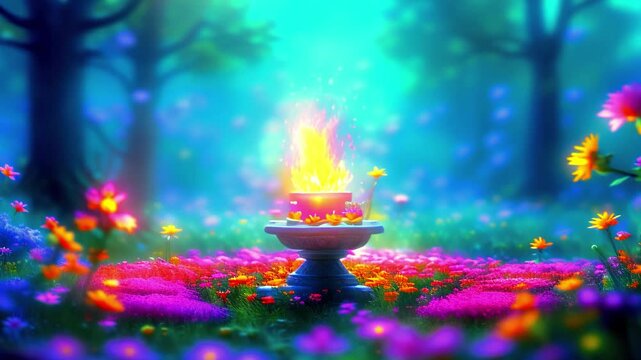 Mystical glowing fountain surrounded by vibrant flowers in an enchanted forest setting, creating a magical atmosphere, perfect for nature lovers seeking tranquility and spiritual relaxation in a fanta