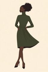 Fototapeta premium Minimalism illustration, a Black woman, wearing a chic wrap skirt in olive green with a fitted turtleneck, standing with one hand adjusting her skirt, high fashion, flat illustration on warm cream 