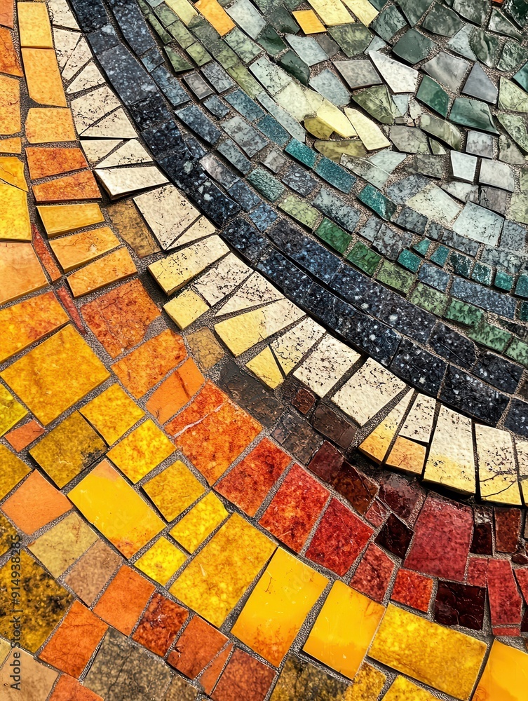 Poster vibrant mosaic pattern showcasing an array of colorful tiles in a circular arrangement, perfect for 
