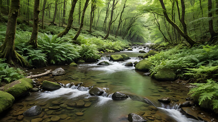 Obraz premium The tranquil stream flows through the dense forest and secluded area.