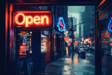 Vibrant neon 'Open' sign illuminating a rainy city street at night, capturing urban nightlife and shop ambiance.