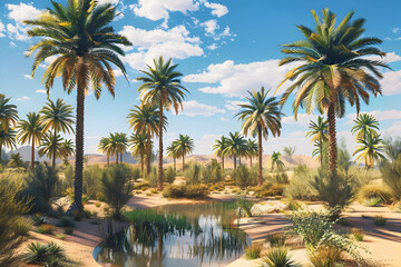 Fototapeta premium Palm Trees Oasis in Desert 3D Illustration