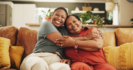 Happy, hug and portrait of black woman with senior mother on sofa in home for womens day...