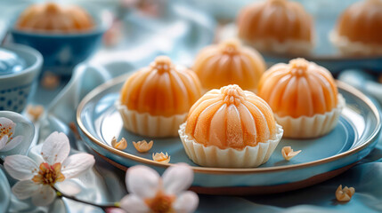 chinese traditional moon cake and tea on the table, bright colors, with flowers decoration, elegant mid-autumn festival. Generative AI