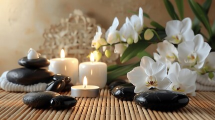 Obraz premium Design a peaceful spa scene featuring white orchid flowers, scented candles, and smooth black stones on a bamboo mat
