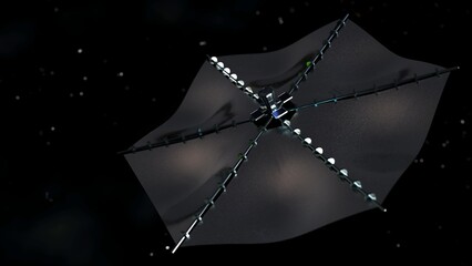 3d rendering of A solar sail, it is a spacecraft propulsion method that uses the pressure of sunlight on large reflective surfaces to move. © Love Employee