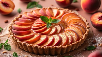 Beautifully arranged still life of a peach tart with fresh mint