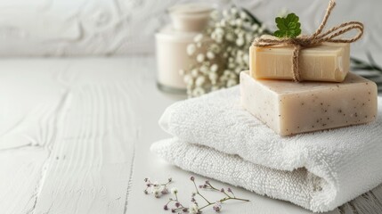 Ceramic soap and towel on white spa backdrop with copy space