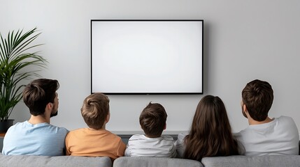 Family watching a blank TV screen, digital media and entertainment, World Television Day celebration, copy space on TV