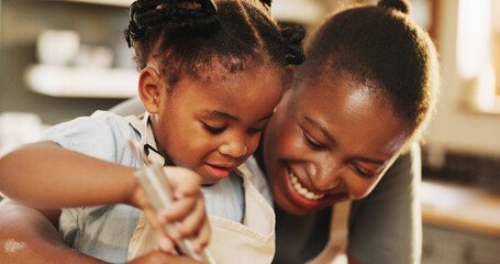 Education, child and black mother in kitchen for baking, recipe process or happiness at home. Girl, development or face of mom at counter for mixing, growth or fun activity for making cookies or cake