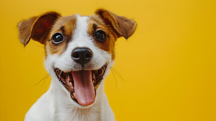 Happy Jack Russell terrier dog with tongue out smiling against a yellow background.