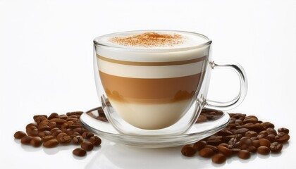 Fototapeta premium Contemporary Brew: A Stylish Latte in a Crystal-Clear Glass Against a Pure White Canvas