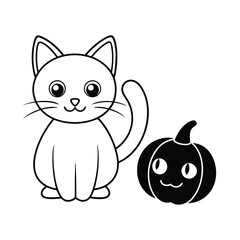 Black Cat and Halloween Pumpkin Cartoon Character Vector Illustration.