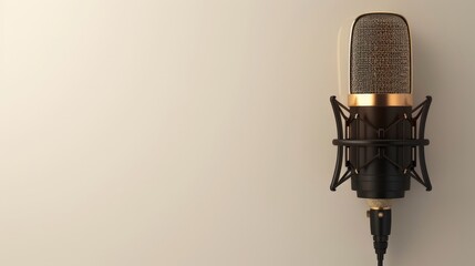 A modern condenser microphone with a sleek black design and gold accents, set against a clean white background to emphasize its contemporary style and high-tech features.