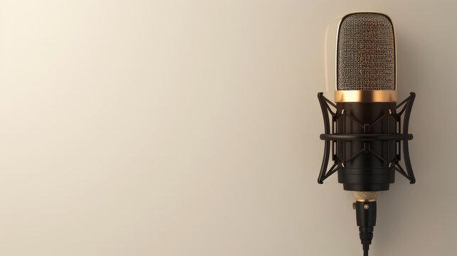 A modern condenser microphone with a sleek black design and gold accents, set against a clean white background to emphasize its contemporary style and high-tech features.