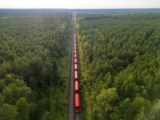 Aerial view of a red train transporting materials on tracks through a coniferous forest in Europe, delivery and transportation of goods, economic development, import, export, and railway transport.