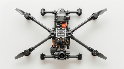 A top-down view of a drone with extended arms and cameras, isolated on a white background to showcase its full layout and intricate components.