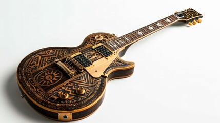 A vintage electric guitar with intricate inlays and a unique color pattern, isolated on a white background to showcase its classic style and intricate details.