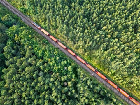 Aerial view of a red train transporting materials on tracks through a coniferous forest in Europe, delivery and transportation of goods, economic development, import, export, and railway transport.