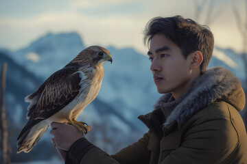 A young man holds a hawk in a snowy mountainous landscape, symbolizing a connection between humans and nature, with a focus on falconry and wildlife.