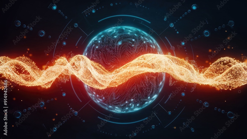 Poster glowing particle wave on dark background illustrating connectivity and technology concepts 3d render
